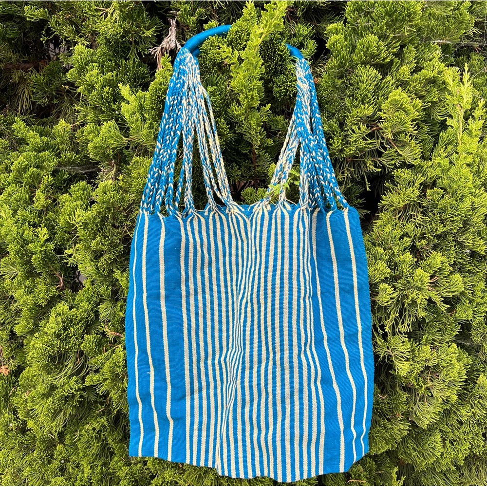Beautiful brand new 100% cotton hand woven turquoise and soft yellow tote
